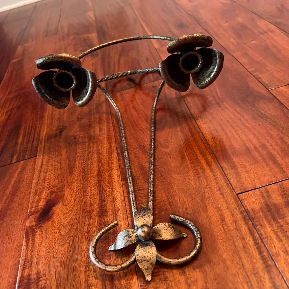 Metal Double Taper Candle Holder Wall Sconce Rustic Floral Scroll Wall Decor
